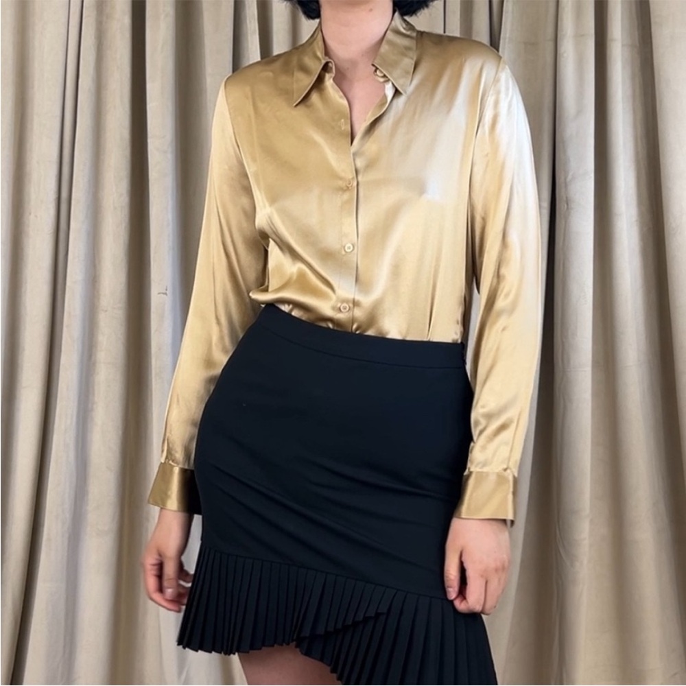 Vintage Petite Sophisticate Gold Silk
Satin Button Down Shirt Blouse